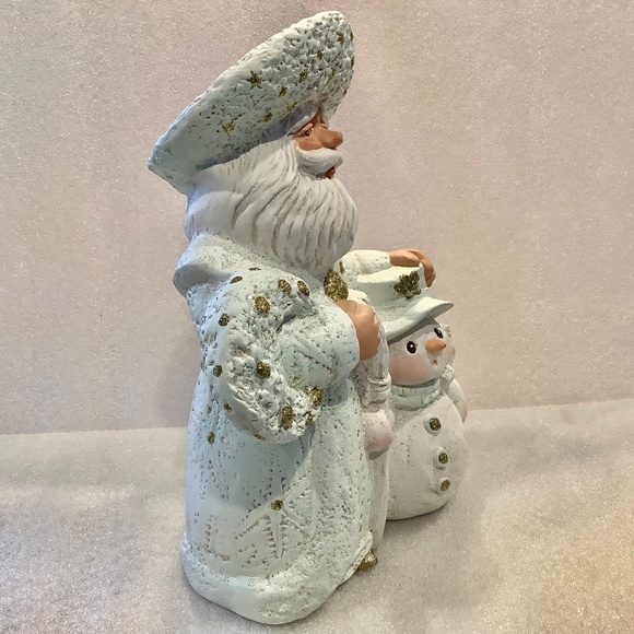 White Ceramic Santa Claus With Snowman Statue 10 Inch Tall - Picture 7 of 8